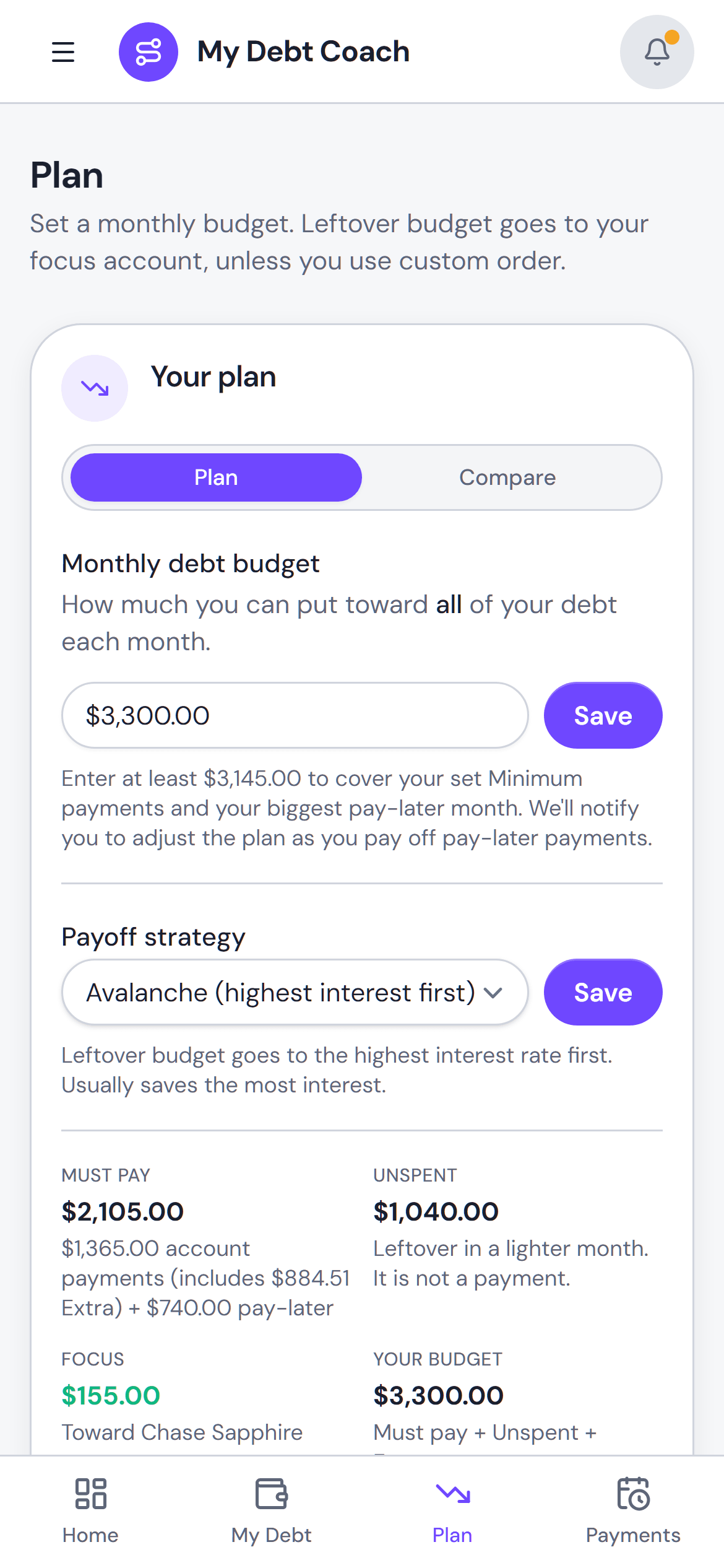 My Debt Coach plan view showing your strategy, remaining-debt chart, and interest saved vs minimums
