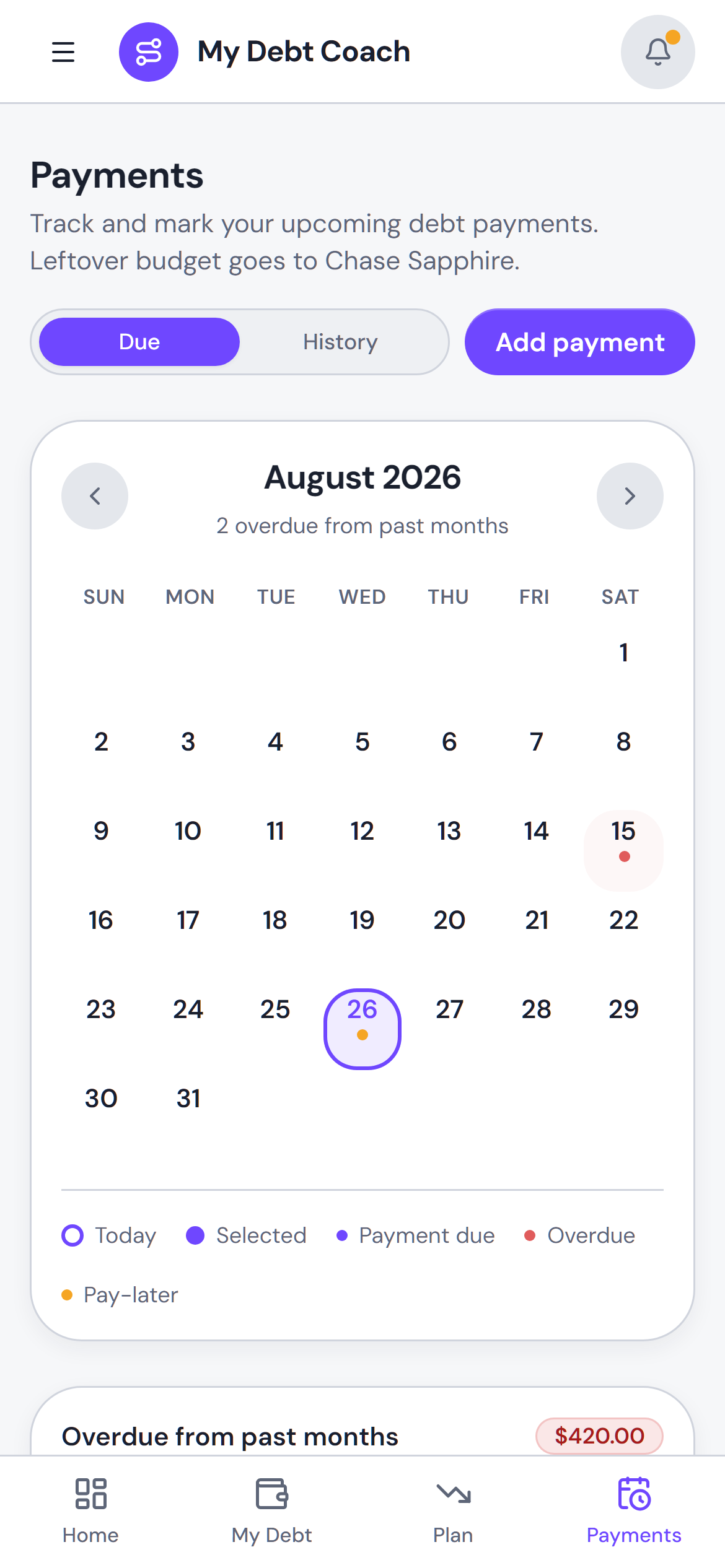 My Debt Coach Payments calendar showing due dates, amounts, and this month's scheduled payments