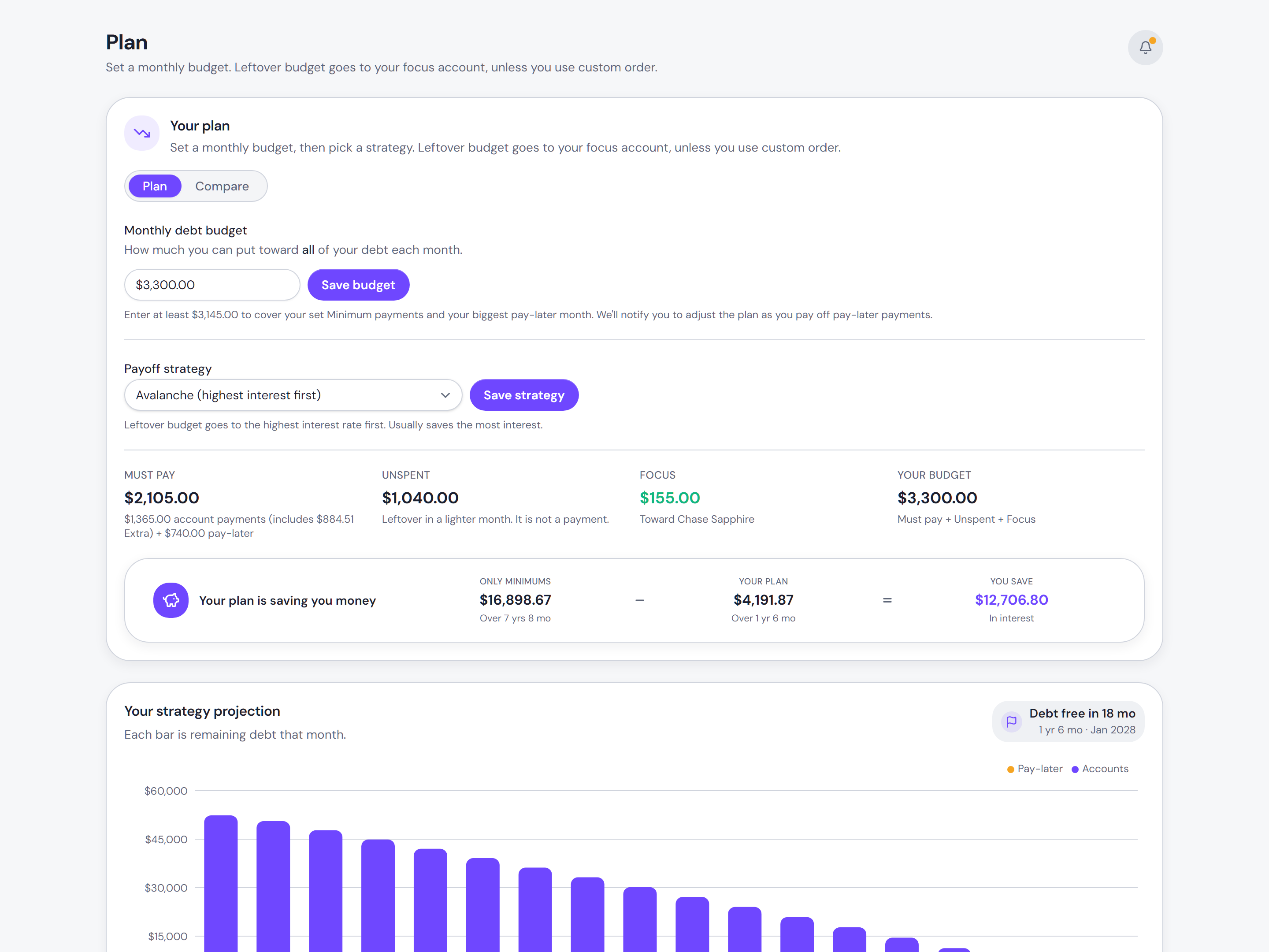 My Debt Coach plan view showing your strategy, remaining-debt chart, and interest saved vs minimums