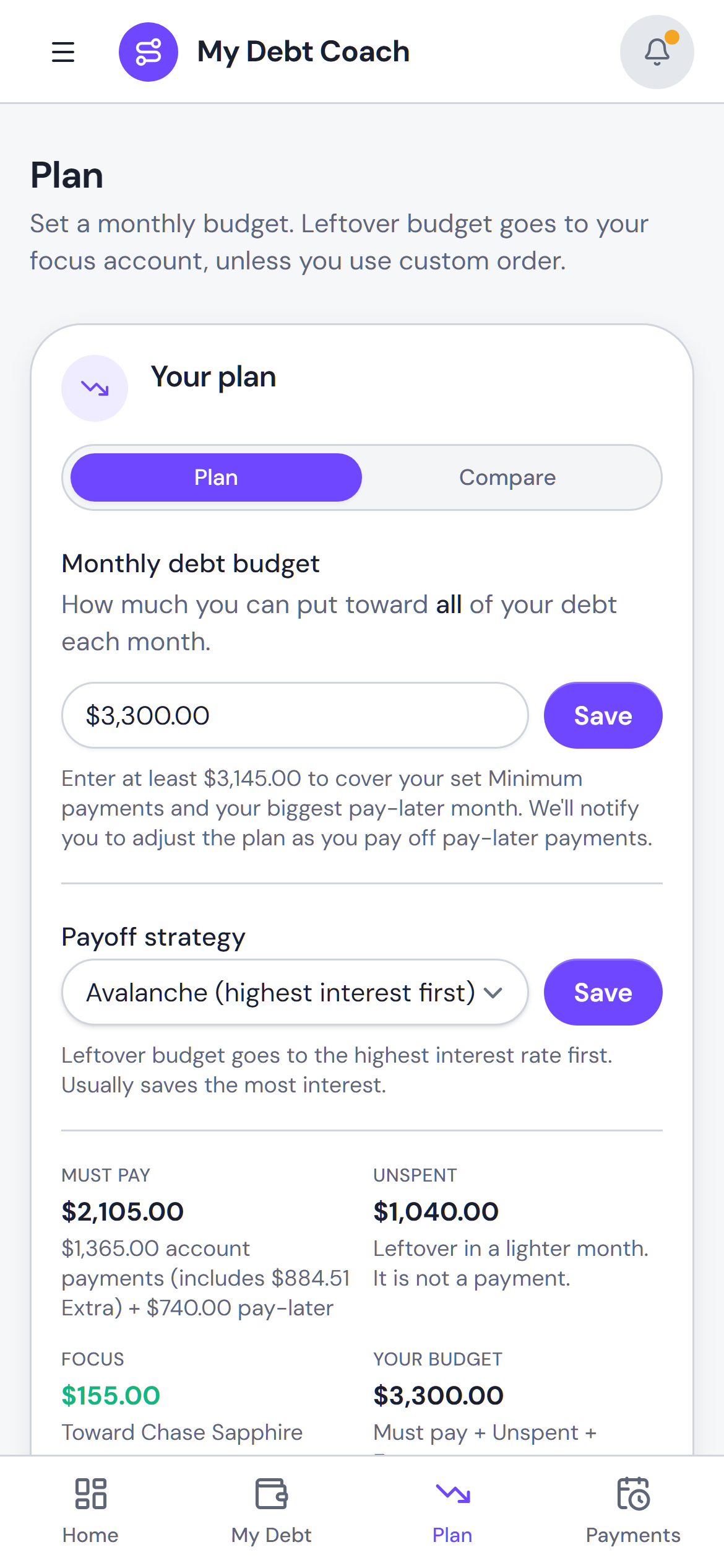My Debt Coach plan view showing your strategy, remaining-debt chart, and interest saved vs minimums